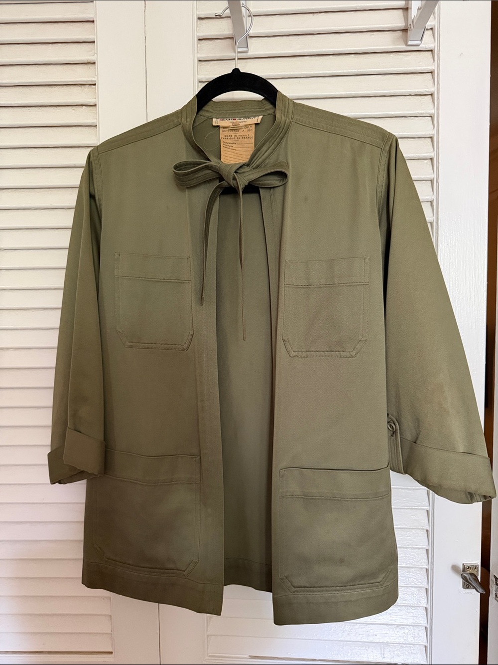 Vintage Saint Laurent Olive Green Tie-Neck Utility Jacket - AUTHENTIC